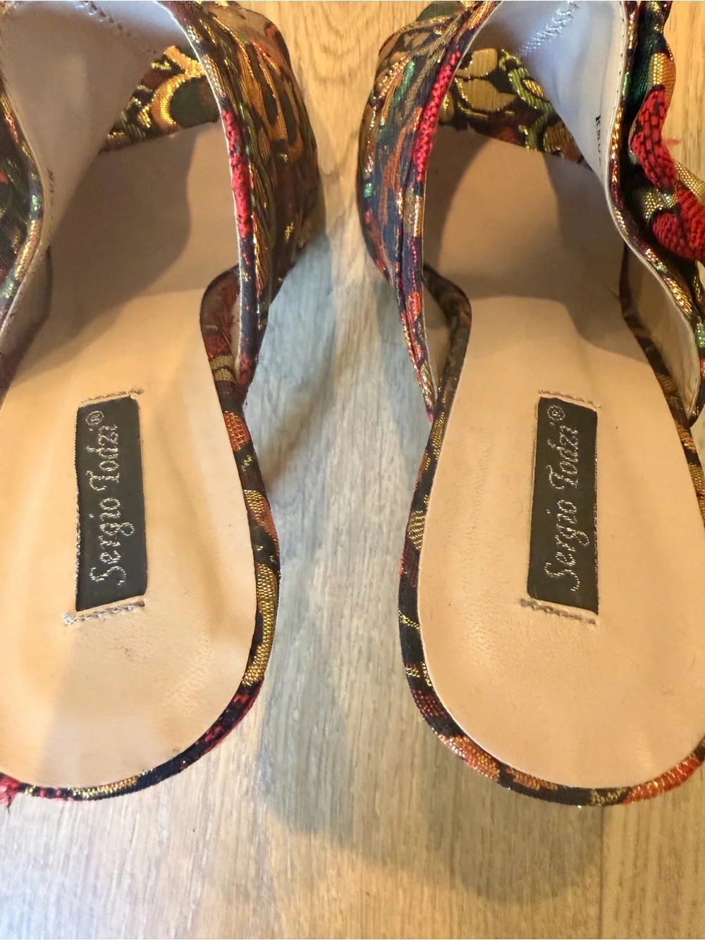 Sergio Todzi Red Floral Brocade open toe Mule Heels